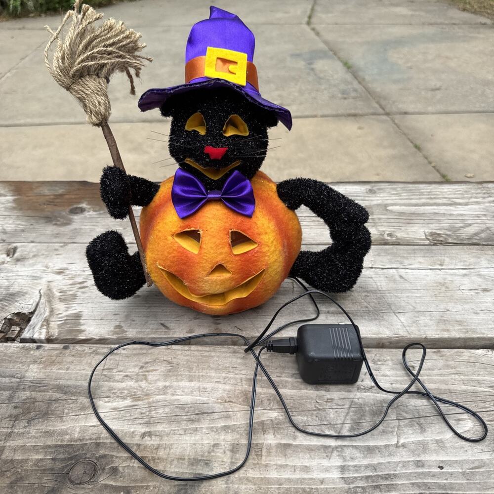 Vtg Fiber Optic Wizard Witch Black Cat Hat Jack ‘O Lantern Lighted 12” Halloween